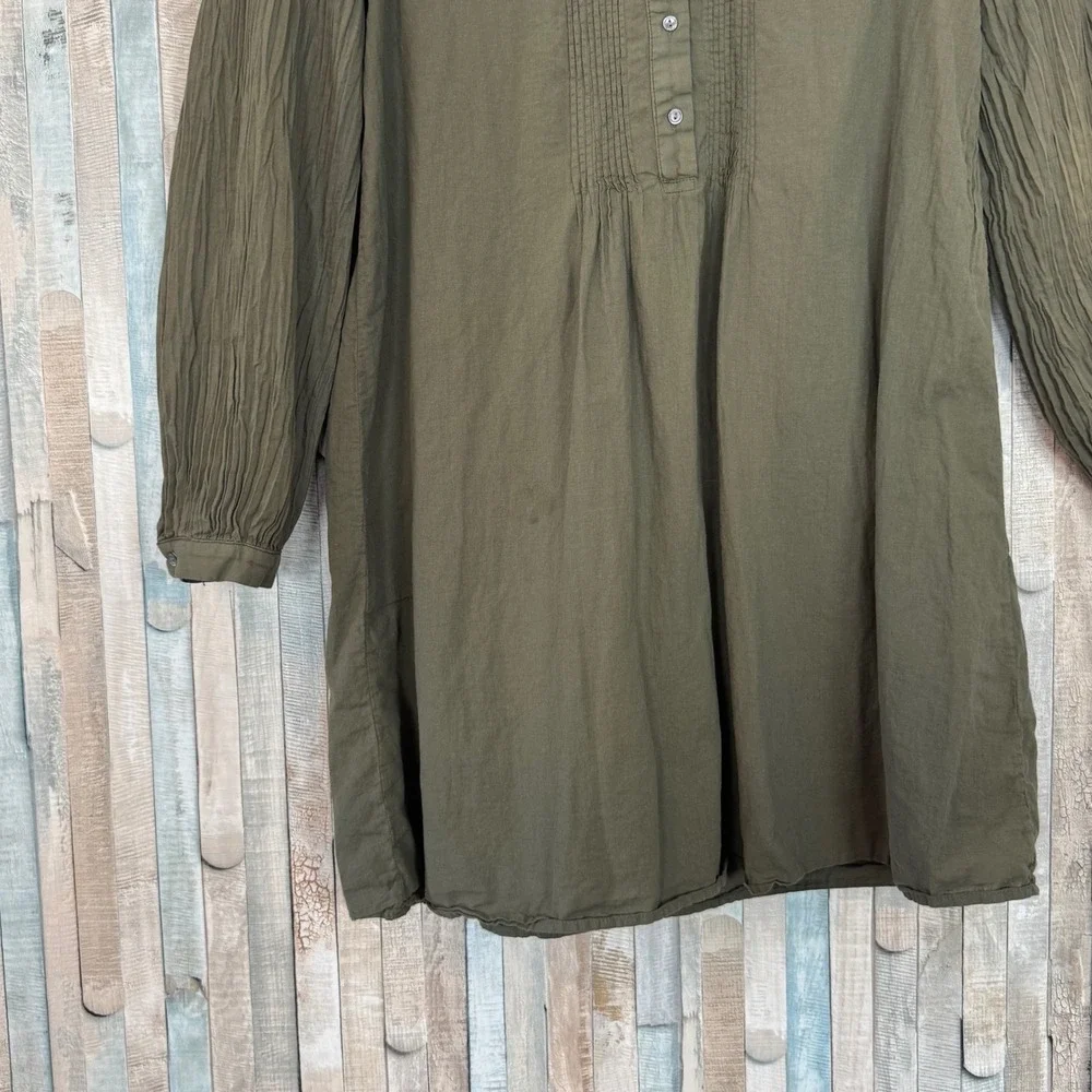 Nili Lotan XS Olive 100% Cotton Pleated Pintucked Tunic Mini Dress Boho Made USA